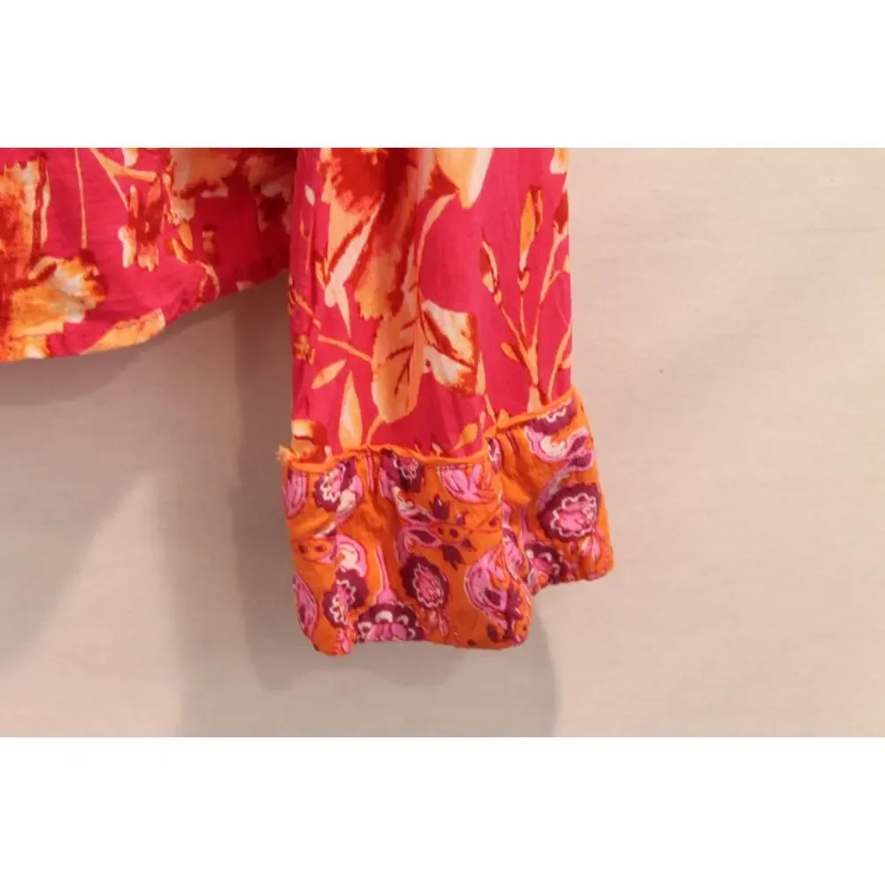 Anthropologie Kari Rayon Pajama Top Womens size S Pink Floral Mix Patchwork Trim